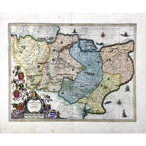 213 - A Kent county map by Jan Jansson of Amsterdam, circa 1650. Hand coloured engraving entitled ‘Cantium... 