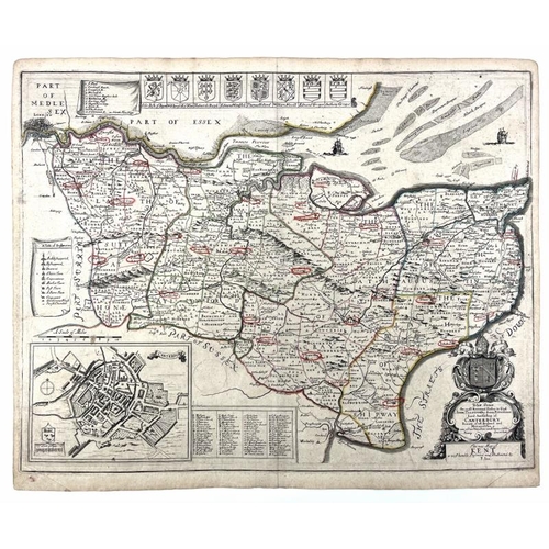 214 - A Kent county map by Philip Lea, circa 1693. Hand coloured engraving decorated with eight heraldic s... 