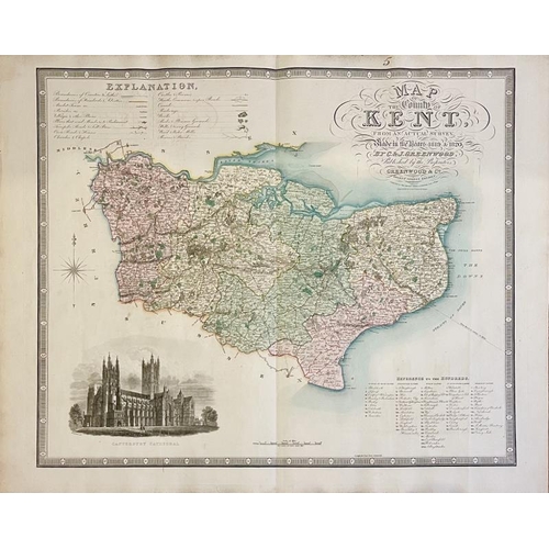 222 - - A large Kent county map by C & J Greenwood, dated 1829. Hand coloured engraving with a vignette vi... 