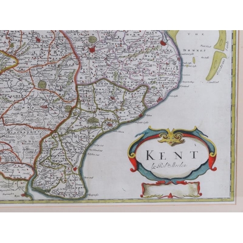 224 - A map of Kent by Robert Morden, circa 1700. Hand coloured engraving. Framed and glazed. Map: 36 cm x... 