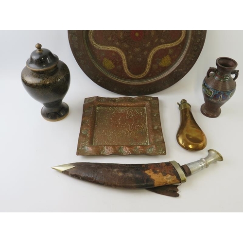 279 - Mixed metal ware to include an Indo-Persian enamelled charger, Chinese bronze vase, black cloisonné ... 