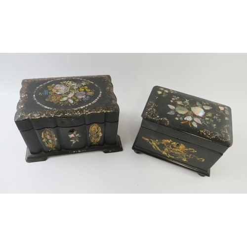 287 - Two 19th century inlaid lacquer tea caddies with mother of pearl and gilt decoration, also 2 decorat... 