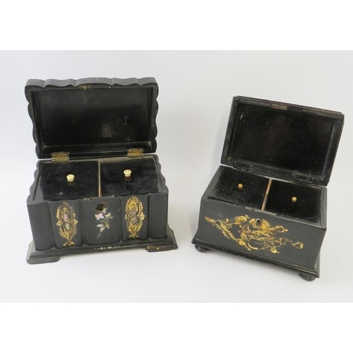 287 - Two 19th century inlaid lacquer tea caddies with mother of pearl and gilt decoration, also 2 decorat... 