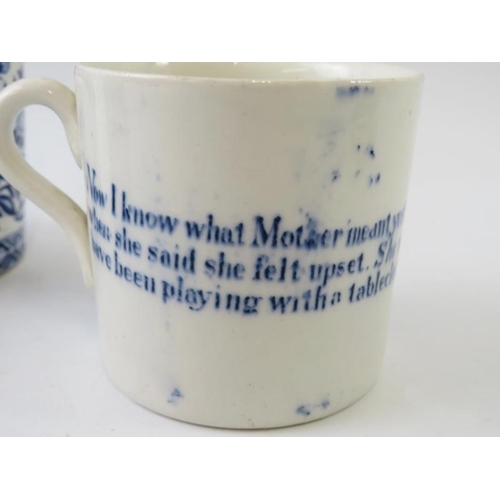 290 - Two 19th century transfer printed child's nursery rhyme mugs and a similar period blue and white mug... 