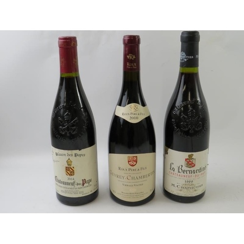 310 - 3 bottles: Gevrey Chambertin, Roux Pere et Fils 2010; Chateauneuf du Papes Blason des Papes 2014; Ch... 