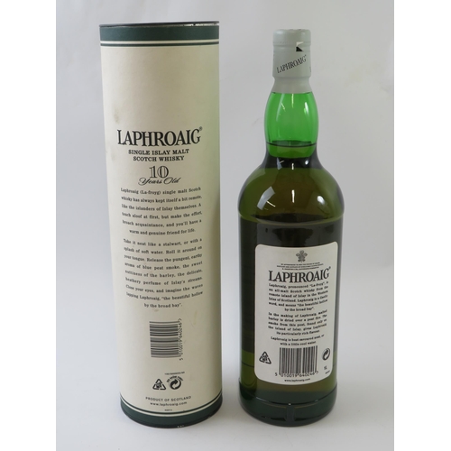 357 - One litre bottle of Laphroaig single malt Scotch whisky, aged 10 years, in tube. 100cl, 43% vol, 199... 