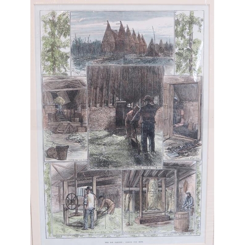 38 - A group of eight Victorian hand coloured engravings depicting hop picking related scenes in England.... 