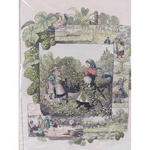 40 - A group of ten hand coloured engravings depicting hop picking related scenes, 19th century. Subject ... 