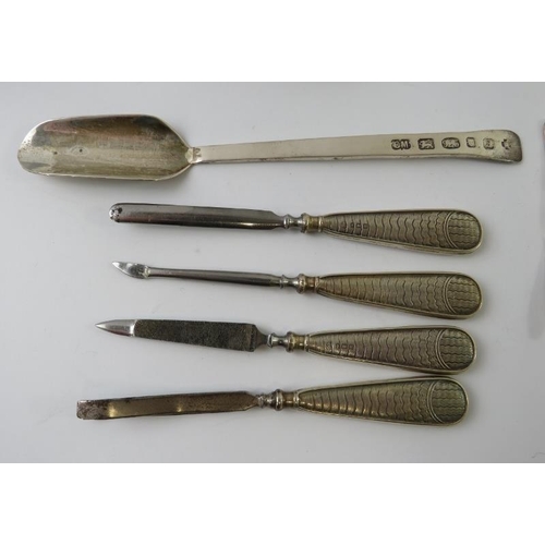 408 - Mixed silver flatware to include teaspoons, salt spoons, sugar tongs, ladle, stilton scoop and a set... 