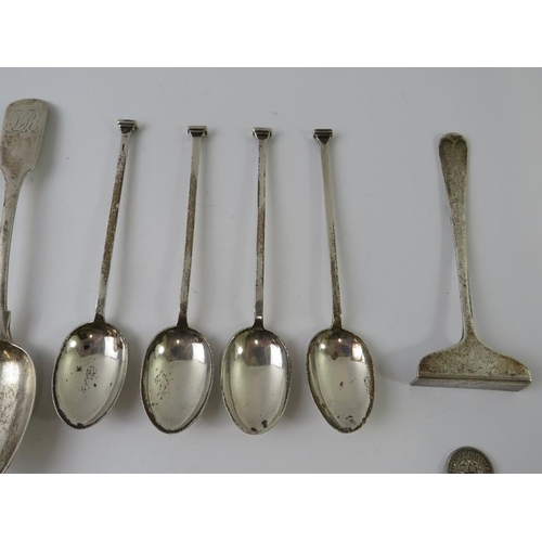 408 - Mixed silver flatware to include teaspoons, salt spoons, sugar tongs, ladle, stilton scoop and a set... 