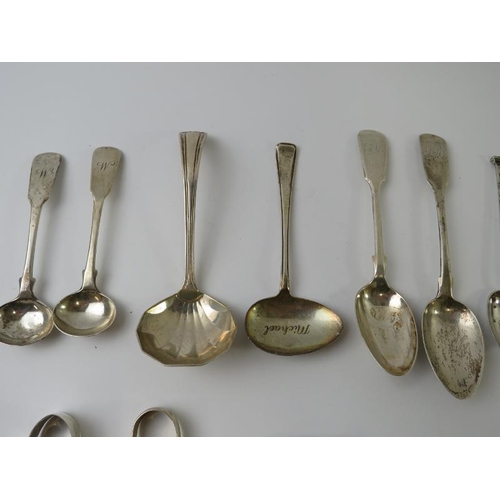 408 - Mixed silver flatware to include teaspoons, salt spoons, sugar tongs, ladle, stilton scoop and a set... 