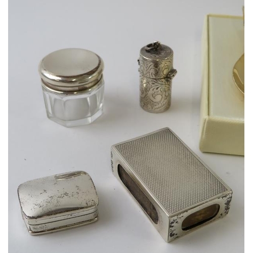 409 - Mixed silver collectables to include two bookmarks, a pair of commemorative thimbles, matchbox cover... 