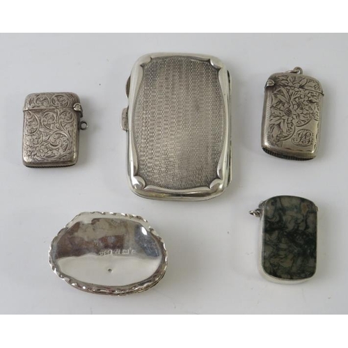 436 - A silver cigarette case hallmarked for Birmingham 1925, three silver vesta cases including a moss ag... 