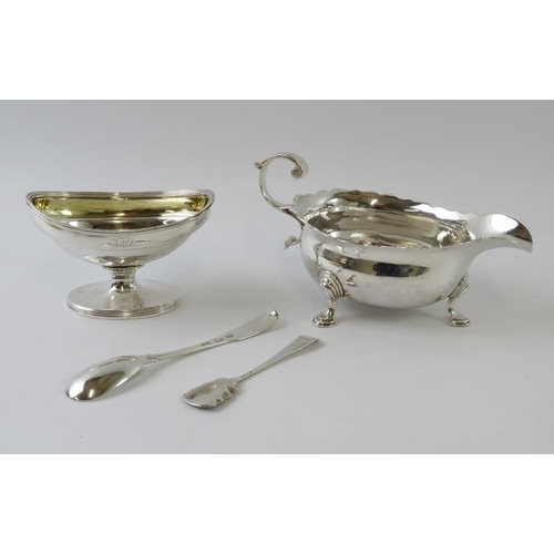 446 - A George II silver sauce boat hallmarked for London 1747, a George III silver pedestal salt, hallmar... 