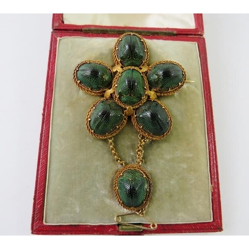 467 - A large Victorian scarab beetle and yellow gold pendant/brooch measures approx 68 drop by 42mm wide ... 