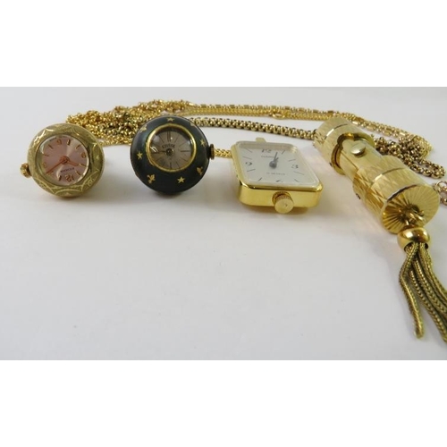 473 - Four watch pendants to include Ilona, Bucher and Esvege, three on yellow plated chains, 105gms gross... 