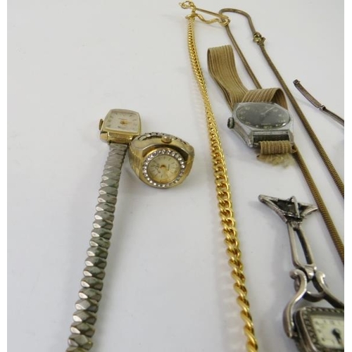 478 - Two gilt metal pocket watches and chains; three marcasite dress or fob watches; a novelty Lize watch... 