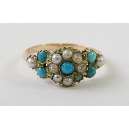 486 - A 19th century turquoise and split pearl yellow metal ring, testing as 9ct gold. Size L. Approx weig... 