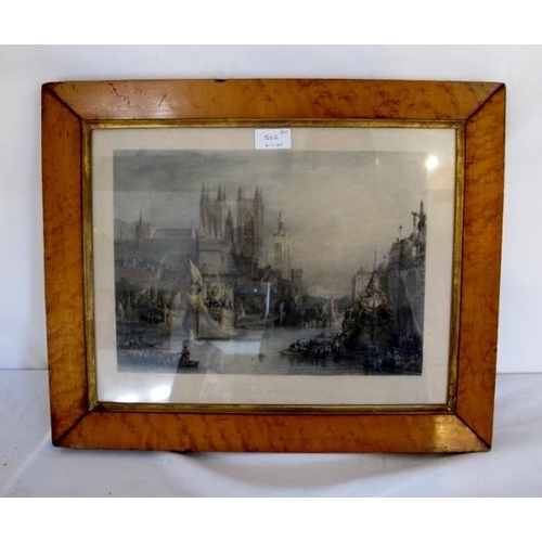 502 - Two 19th Cebtury maple framed coloured prints. The Lord Mayors Day, Wesminster Abbey and bridge and ... 