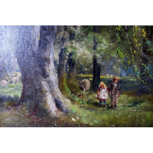 513 - Two items, a 19th Century gilt framed oil on canvas 29 x 22cms (approx).  Children in a wood (unsign... 