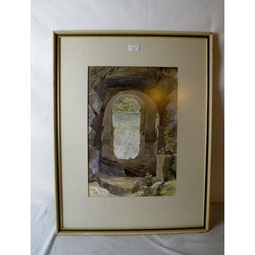 522 - Geoffrey Robinson framed and glazed watercolour.  Looking out to a lake from a stone.  Faced window.... 