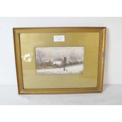 523 - Three small framed and glazed watercolours.  Fisherman on a river, signed indistinctly.  10cm x 16.5... 