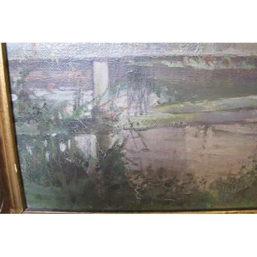 524 - Mary Wilbec 19th/20th Century.  A large gilt framed oil on canvas.  Country scene with a stream.  Si... 