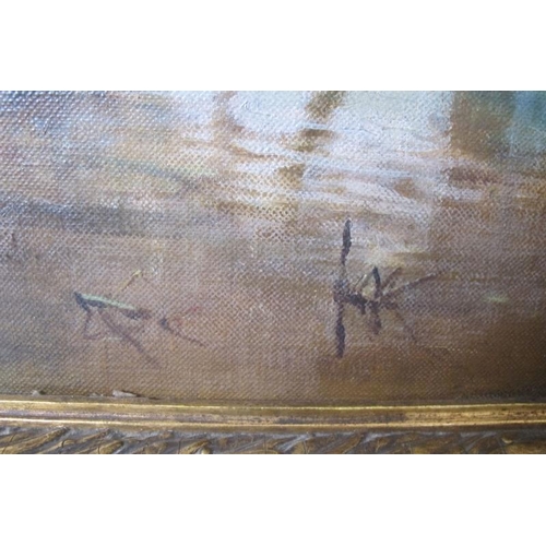 525 - Mary Wilbec (Attrib) 19th/20th Century.  A large gilt framed oil on canvas.  Landscape scene with ri... 