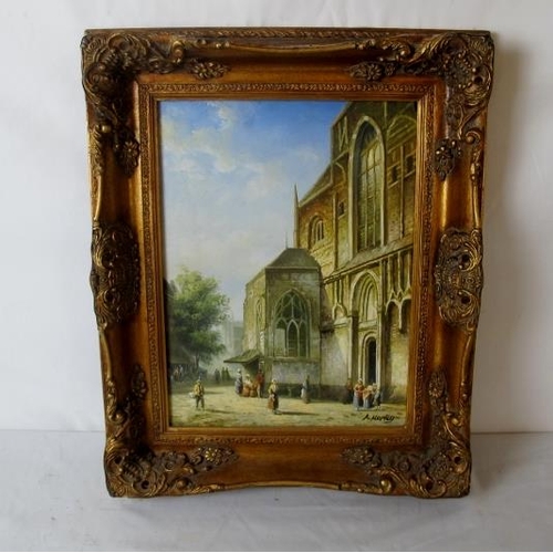 540 - Adrian Norley, a heavy framed oil on board, figures on a street by a cathedral.  Signed A Norley, lo... 