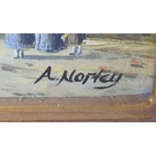 540 - Adrian Norley, a heavy framed oil on board, figures on a street by a cathedral.  Signed A Norley, lo... 