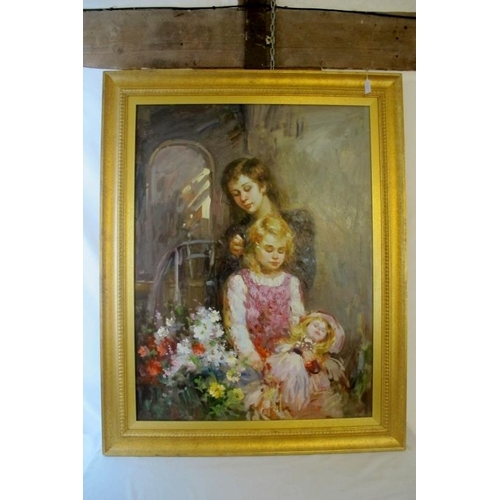 541 - A large 20th Century oil on canvas, mother and daughter. the little girl is holding her doll next to... 