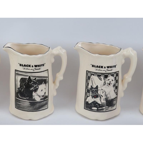 55 - Two vintage sets of Black & White Whisky water jugs, 20th century. Each printed depicting different ... 