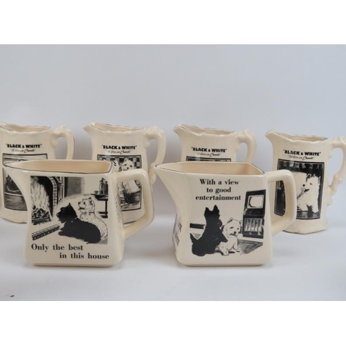 55 - Two vintage sets of Black & White Whisky water jugs, 20th century. Each printed depicting different ... 