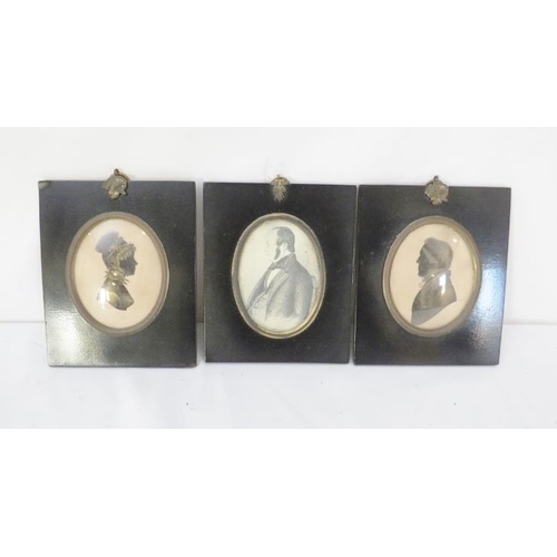 551 - Two black framed silhouette miniatures and a similar framed pencil study of a gentleman.
Condition r... 