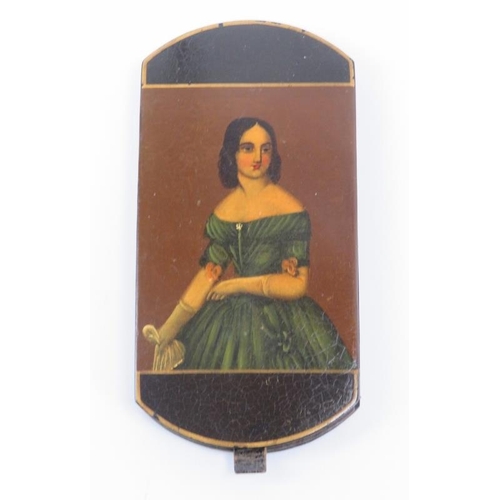 96 - A paper-mache and leather glasses case decorated with a portrait of a lady, 19th century. Probably b... 