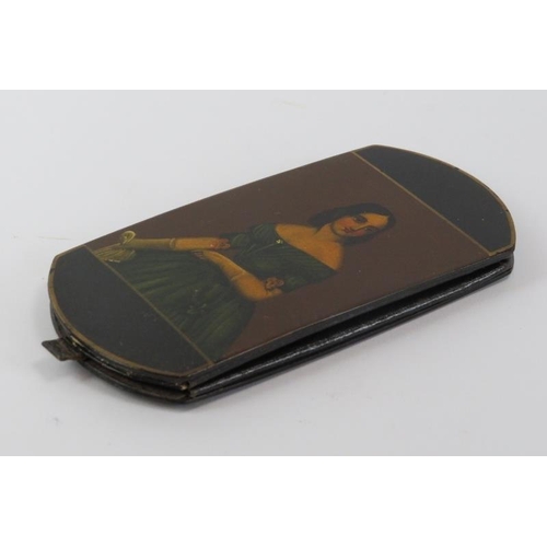 96 - A paper-mache and leather glasses case decorated with a portrait of a lady, 19th century. Probably b... 