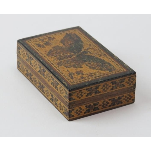 97 - A Tunbridge Ware miniature box decorated with a butterfly mosaic to the cover. 7.1 cm length.
Condit... 