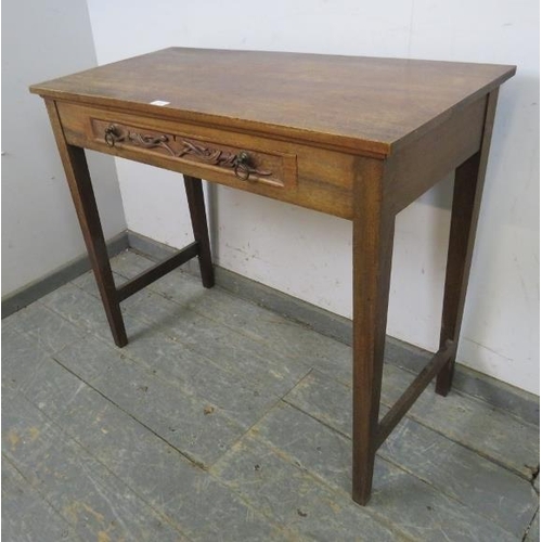 743 - A bespoke antique style hardwood hall table, housing one long drawer with relief decoration depictin... 