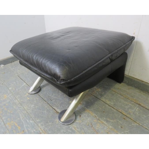 772 - A contemporary footstool by Klauss Italia, upholstered in black leather, on curved brushed aluminium... 