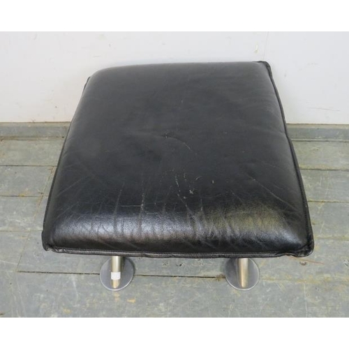 772 - A contemporary footstool by Klauss Italia, upholstered in black leather, on curved brushed aluminium... 