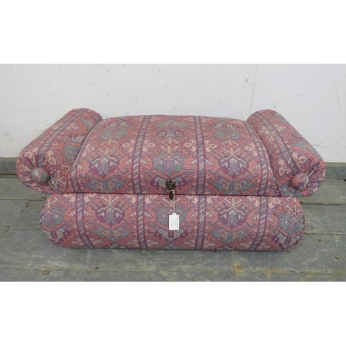 777 - A small vintage window seat/ottoman covered in multi-coloured patterned tapestry material, on bun fe... 