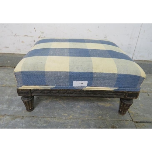 779 - A small Regency Period ebonised footstool, re-upholstered in Colefax & Fowler chequered material, th... 