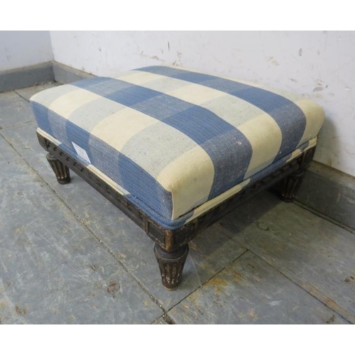 779 - A small Regency Period ebonised footstool, re-upholstered in Colefax & Fowler chequered material, th... 