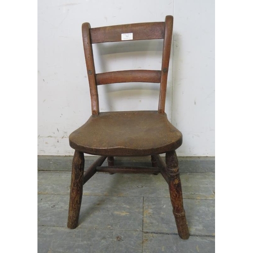 782 - A 19th century elm child’s chair, on turned supports with an ‘H’ stretcher.
H61cm W30cm D36cm approx... 