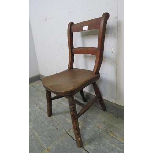 782 - A 19th century elm child’s chair, on turned supports with an ‘H’ stretcher.
H61cm W30cm D36cm approx... 