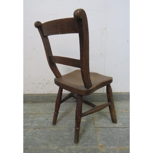 782 - A 19th century elm child’s chair, on turned supports with an ‘H’ stretcher.
H61cm W30cm D36cm approx... 