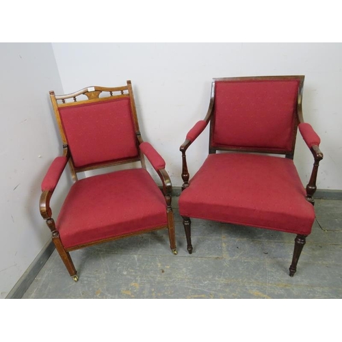 810 - An Edwardian rosewood open-sided armchair, marquetry inlaid and strung with satinwood, reupholstered... 