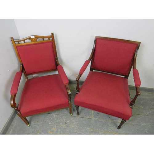 810 - An Edwardian rosewood open-sided armchair, marquetry inlaid and strung with satinwood, reupholstered... 