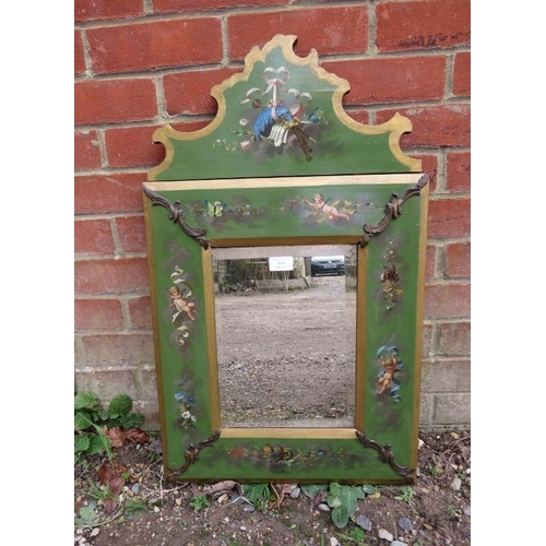 815 - An antique French wall mirror, the bevelled plate within a shaped surround with hand-painted cherub ... 