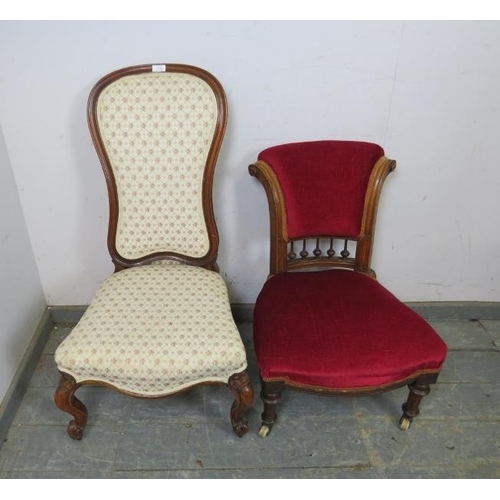 819 - Two Victorian walnut show-wood bedroom chairs, one upholstered in embroidered material, the other in... 